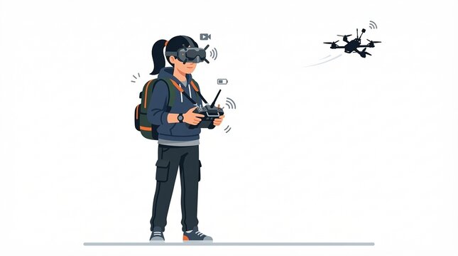 Young person wearing FPV goggles and controlling a racing drone with a remote controller, vector illustration