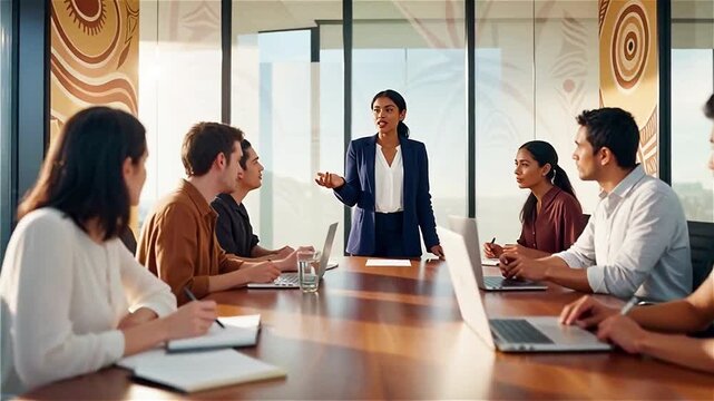 Indigenous Australian woman leads meeting in modern Sydney office with confidence and vision. Diverse coworkers exchange ideas, reflecting authentic teamwork and cultural depth.