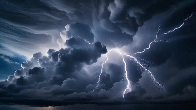 Dramatic stormy sky with lightning bolts.