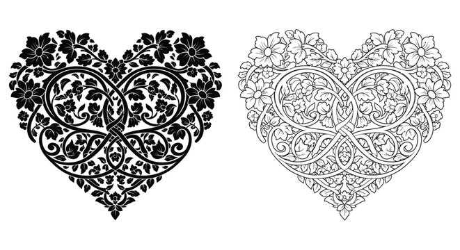 Floral heart designs intricate patterns symmetrical artwork decorative illustration silhouette