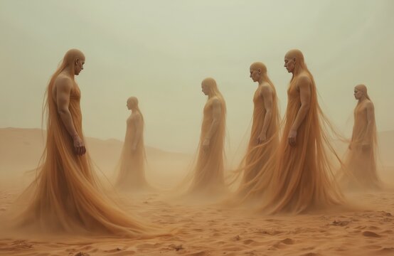 Group of bald people in flowing orange robes walk across a sandy desert landscape. Figures appear ethereal, with long, wispy hair-like extensions. The scene is hazy with dust or sand.