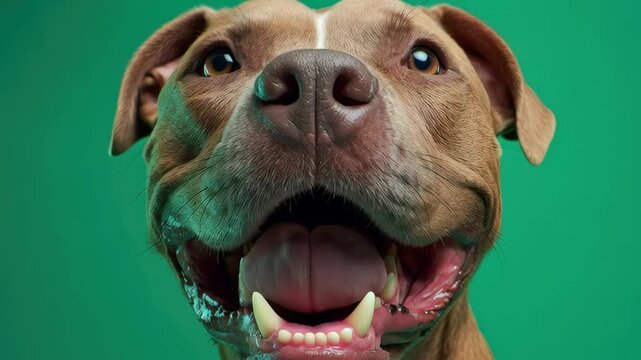 Extreme close up portrait of a happy brown pitbull dog panting and looking at camera against a green screen background