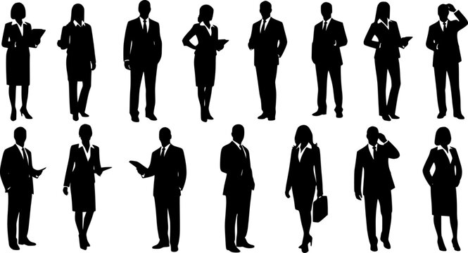 Vector silhouettes of men and a women, a group of standing business people, black color isolated on white background