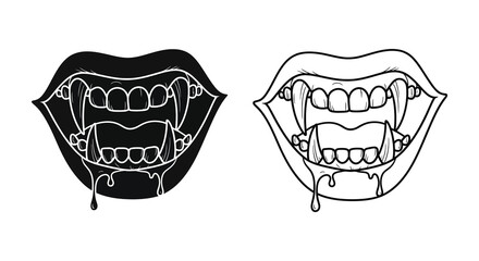 Vampire lips with fangs depicted in contrasting styles a striking silhouette © MdShifulIslam
