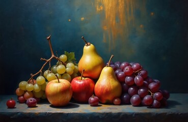Naklejka premium Still life arrangement of assorted ripe fruits including grapes apples and pears on a textured surface. Dramatic lighting creates rich colors and deep shadows enhancing visual appeal.