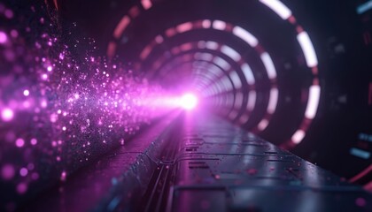Fototapeta premium Digital purple light tunnel with glowing particles. Futuristic abstract sci fi spaceship interior or portal, bright energy flow. Motion blur, dark background.