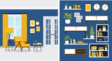 Modern living room interior design vector set featuring blue walls, yellow curtains, mid century furniture, bookshelves, lamps, and home decor, © Hanif World