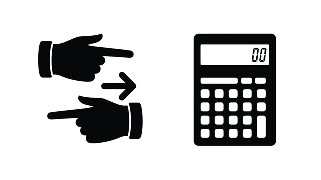 Hands pointing towards a calculator a simple graphic silhouette