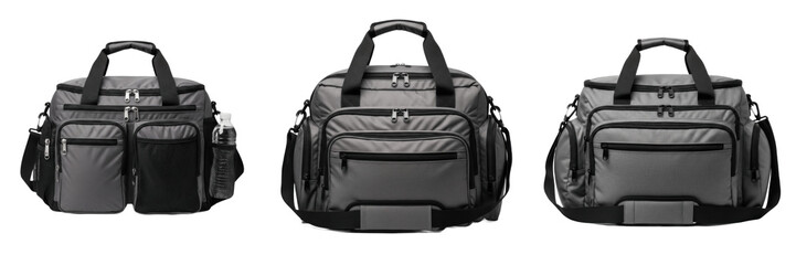 Set of Premium Gray Large Multi Pocket Travel Duffel Bags and Professional Gym Holdalls transparent background png