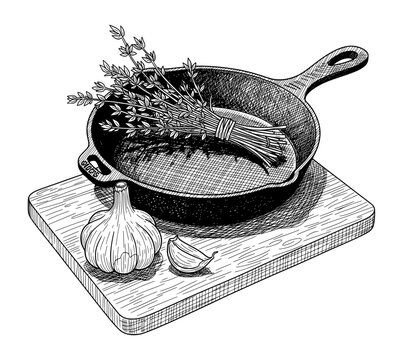 Cast Iron Skillet with Thyme and Garlic on Cutting Board Black and White Engraving Style