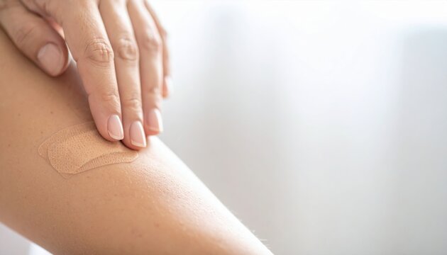 Close up of a hand carefully applying a medical patch to a patient's arm, highlighting health care and treatment.