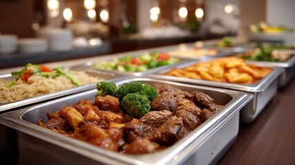 Obraz premium Buffet style dinner with diverse gourmet dishes on table