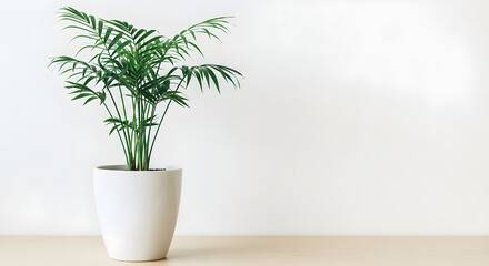 Fototapeta premium Lush green plant in modern white pot on wooden table