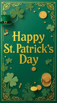 St Patrick's Day greeting card with green background and gold coins vector illustration
