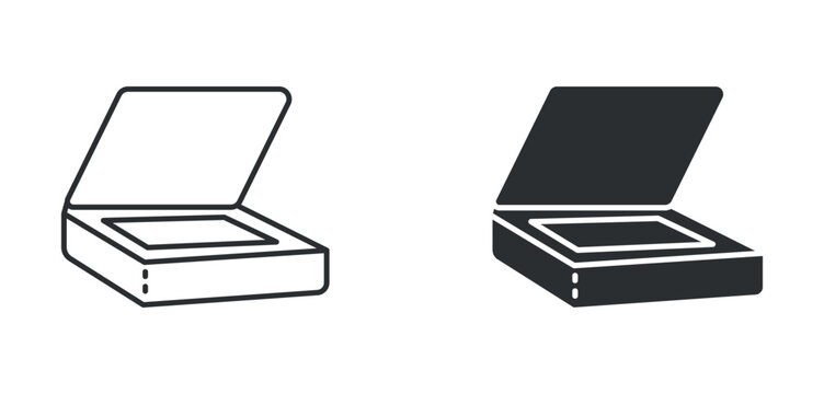 Flatbed scanner icon set, document scanning device symbol, outline and solid silhouette style. Vector illustration.