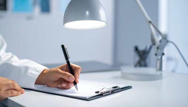 Physician's Hand Writing a Prescription on a Notepad Under a Lamp in a Professional Office Setting