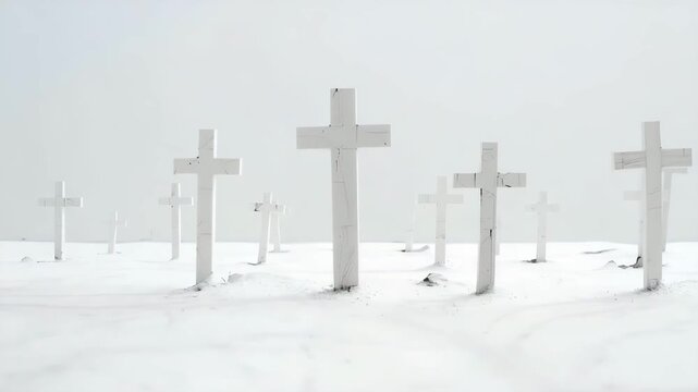 Walking through a cemetery, the white crosses stand in rows against the cloudy sky. This place holds many memories and stories from the past. It invites reflection on life and loss