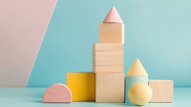 Children stack wooden blocks in a playroom, creating shapes and learning colors. They have fun arranging the blocks and exploring their creativity with different designs