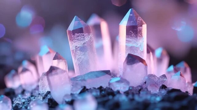 Various crystal formations shining in bright colors. Light reflects off the crystal surfaces creating interesting patterns and effects