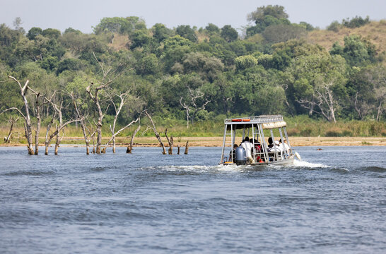 Tourists enjoying a sunset cruise on the Zambezi River in Zimbabwe in Africa.