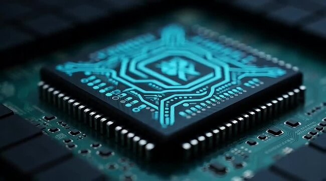 Close-up of a computer chip with glowing blue circuitry on a modern circuit board