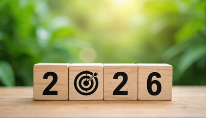 Wooden blocks show year 2026 with target symbol. Symbolizes future goals and plans for growth. Focus on success and new beginnings in nature.