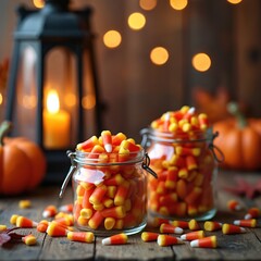 Obraz premium Two glass jars full of candy corn on rustic wood table. A lit candle lantern and pumpkins nearby create a spooky autumn atmosphere. Bokeh lights add magic.
