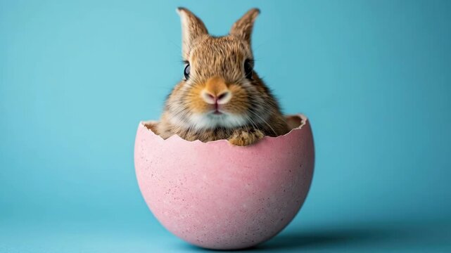 Cute bunny in pink eggshell against blue background. Easter, Pascha, Paskha, Ostern, Pascua, Paques - Orthodox and Catholic Holiday celebration