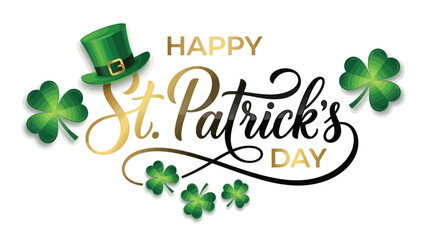 Happy St. Patrick Day lettering poster with green shamrock and orange stars. Irish traditional holiday. For greeting cart, poster, banner, flyer, web pages, social media. Isolated vector illustration © STM  2.0