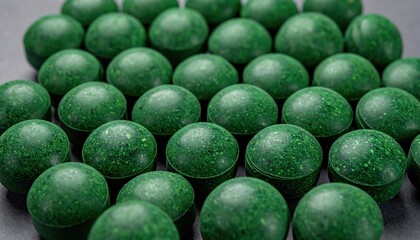 Nutrient-dense green spirulina protein spheres close-up showcasing healthy food supplement ingredients