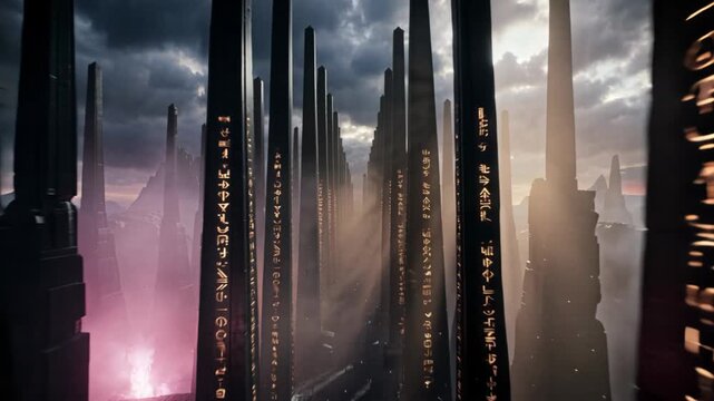 Tall dark alien pillars with glowing gold runes in a cloudy valley
