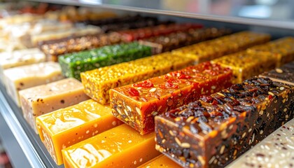 Rows of glistening, colorful, and textured dessert bars showcasing a delightful variety of ingredients in a tempting display.