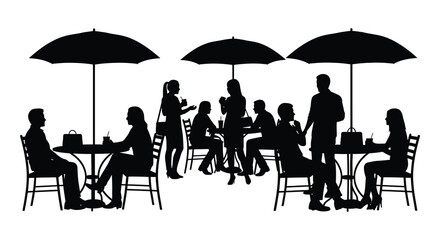 A group of people dining outdoors at tables shaded by umbrellas presented as a striking silhouette high quality professional detailed modern © rabbivay