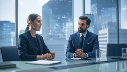 Two professionals in a business meeting discussing a contract with a city view