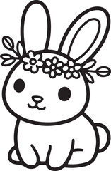Obraz premium Cute Easter Bunny Rabbit in Flower Crown Hand-drawn Sketch Drawing Vector Illustration, Line Linear Symbol Black and White Engraving, Isolated