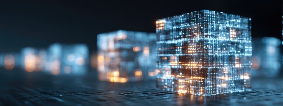 Abstract Digital Cube with Glowing Lights Representing Data and Technology.