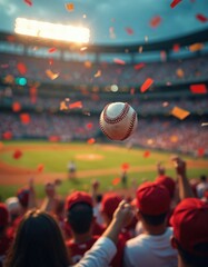 Baseball flies over cheering fans in stadium. Confetti rains down on excited crowd watching game. Sun shines on outfield during match. Action-packed sporty event.