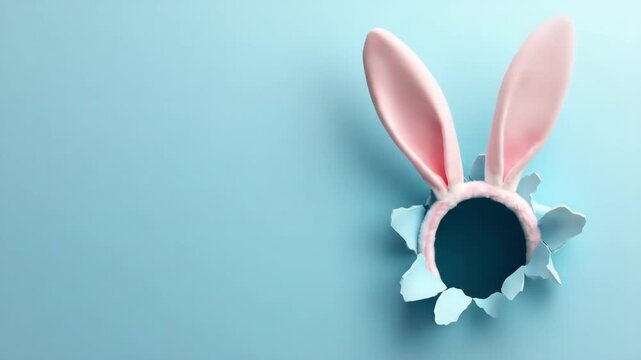 Cute bunny ears peeking through torn blue paper background. Easter, Pascha, Paskha, Ostern, Pascua, Paques - Orthodox and Catholic Holiday celebration