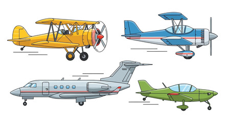 A colorful illustration depicts various airplanes in flight including a biplane and jet with a notable silhouette high quality professional detailed © rabbivay