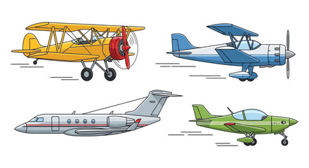 A colorful illustration depicts various aircraft in flight including biplanes jets and a small propeller plane silhouette high quality professional detailed © rabbivay