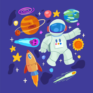Cute Hand-Drawn Space Adventure, Astronaut and Planets Collection Illustration