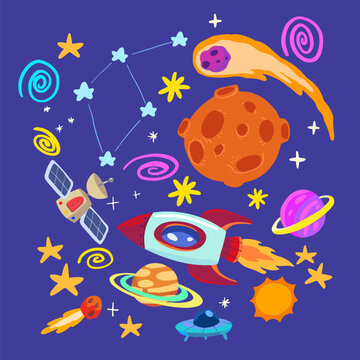 Cute Hand-Drawn Space Adventure, Astronaut and Planets Collection Illustration