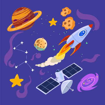 Cute Hand-Drawn Space Adventure, Astronaut and Planets Collection Illustration