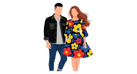 A stylish couple stands closely together showcasing modern fashion and a vibrant floral dress a bold silhouette high quality professional © rabbivay
