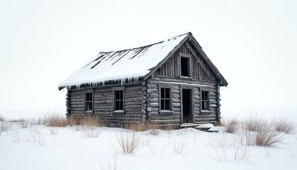 Old log cabin rests in winter snowdrift. Dilapidated rustic structure with icicles on roof. Deserted wooden house sits in cold bleak landscape.