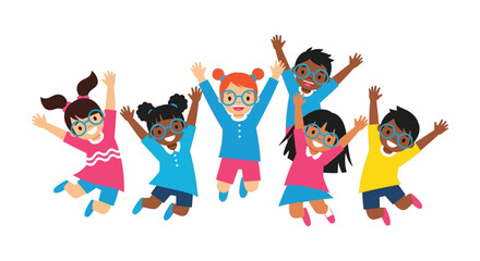 A group of diverse children joyfully jumping with arms raised depicted in a flat colorful silhouette high quality professional detailed modern