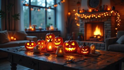 Fototapeta premium Spooky Halloween decor fills cozy room. Carved pumpkins glow, ghost figures and spider accents set festive fall atmosphere. Fireplace adds warm ambiance.