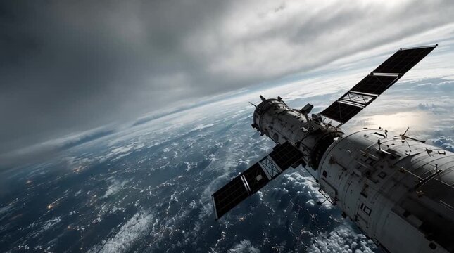 Raumstation und Satellit im Orbit &uuml;ber der Erde. Futuristische Weltraumszene &uuml;ber Raumfahrt, Missionen, Technologie und wissenschaftliche Forschung im All.