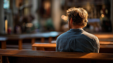 Obraz premium Faceless man from behind seated on a wooden bench in a church interior head bowed in quiet prayer warm afternoon church light falling across his shoulders the church interior