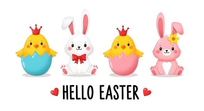 Ester sunday celebration with easter bunny and chicks in eggs